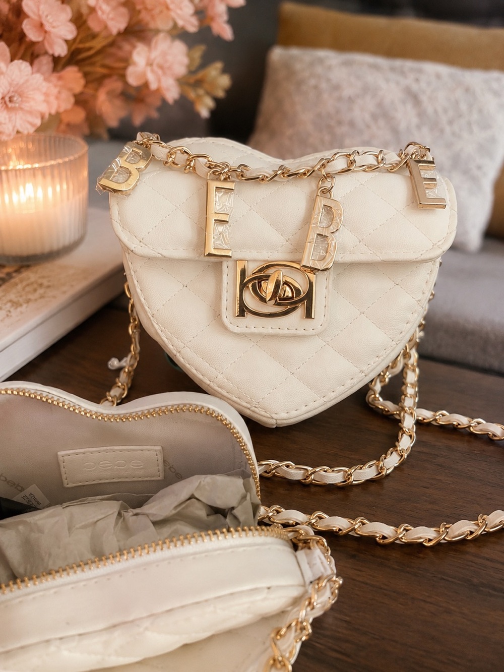Bebe Cream Quilted Heart Crossbody with Gold Chain & Letter Charms